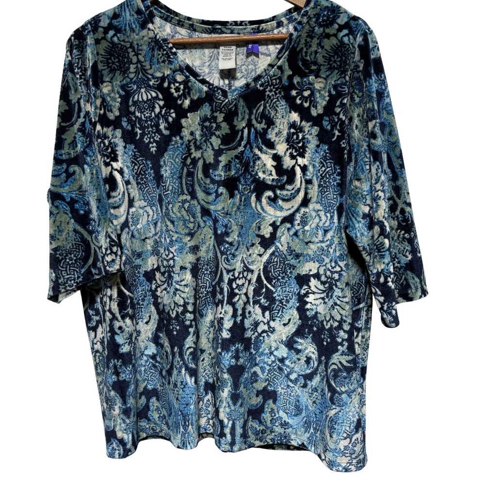 Catherines Top Womens 16W Petite Blue Velvet 3/4 Sleeve Stretch Elegant V Neck